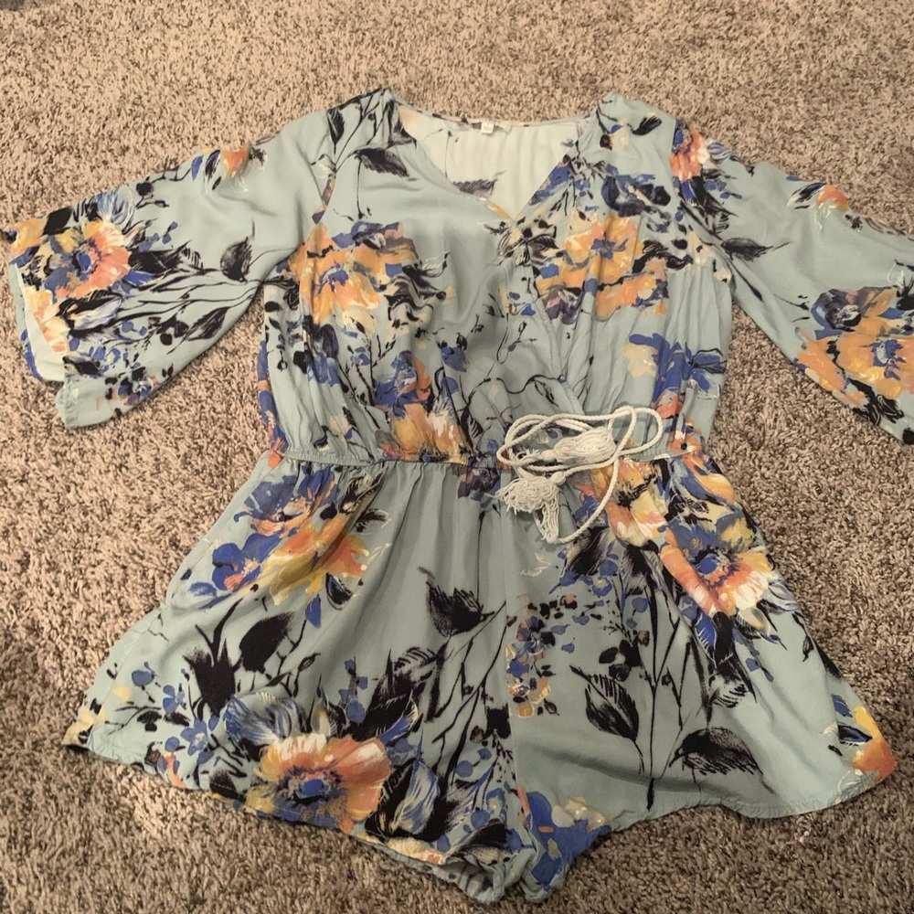 Umgee Boho Boutique Teal Flower Romper Bell Sleeve